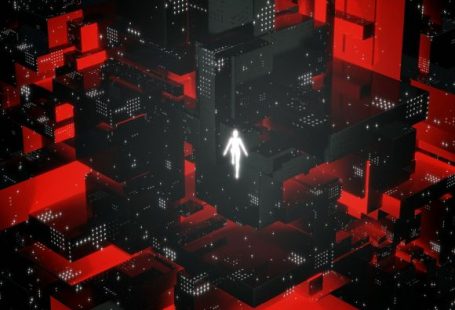 Digital Landscape - a person walking through a maze of red and black cubes