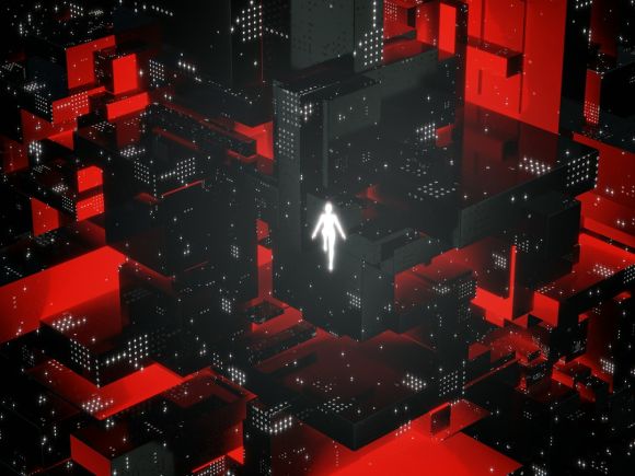 Digital Landscape - a person walking through a maze of red and black cubes